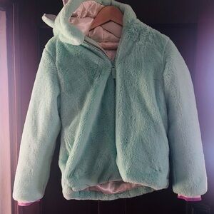 Cute Unicorn Kids Mint Green Fuzzy Hooded Jacket